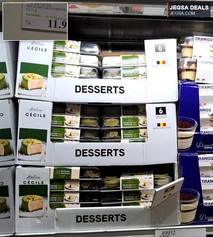 Atelier Cécile Pistachio Choco Mousse 6-pack from Costco, featuring individual green-topped desserts, on sale for $11.99.