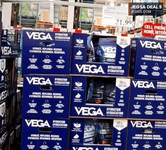 Blue Vega Hydration Variety Pack boxes for active lifestyle from Costco, priced at $31.99.