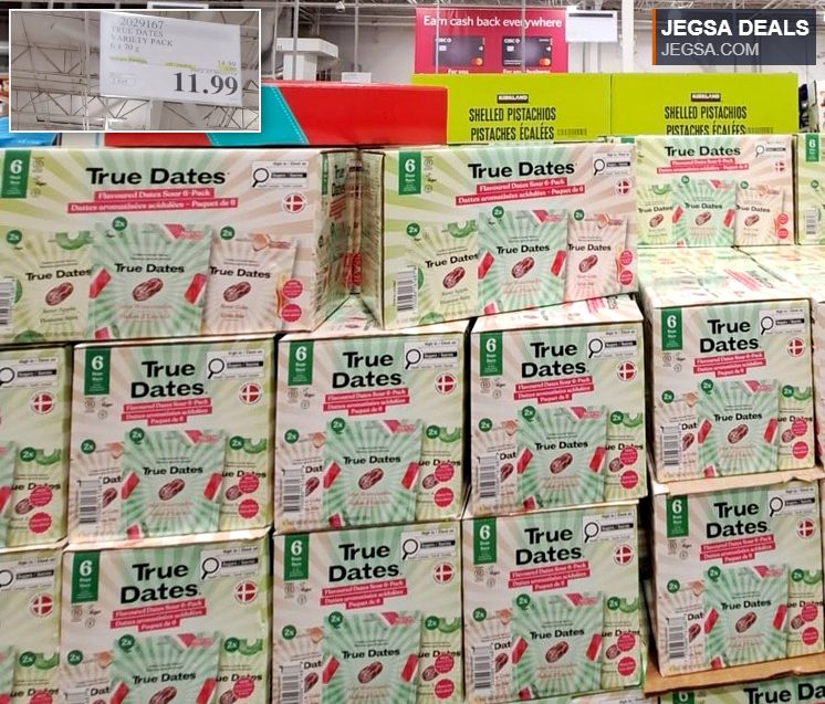 True Dates variety pack with six 70g pouches from Costco, priced at $11.99, offering a healthy snack option.