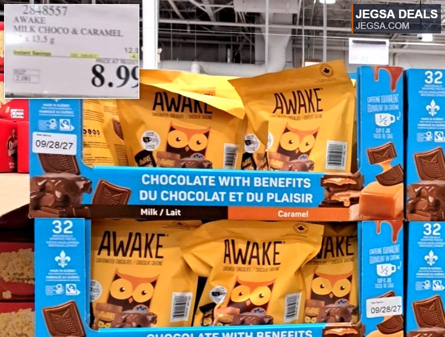 Awake Caffeinated Milk Chocolate and Caramel from Costco for $8.99, featuring a cute owl design on yellow bags.