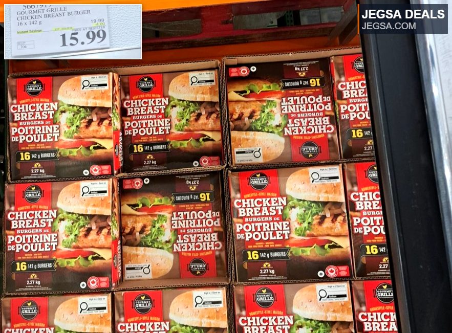 Gourmet Grille chicken breast burgers, 16x142g, from Costco for $15.99, perfect for a family meal.