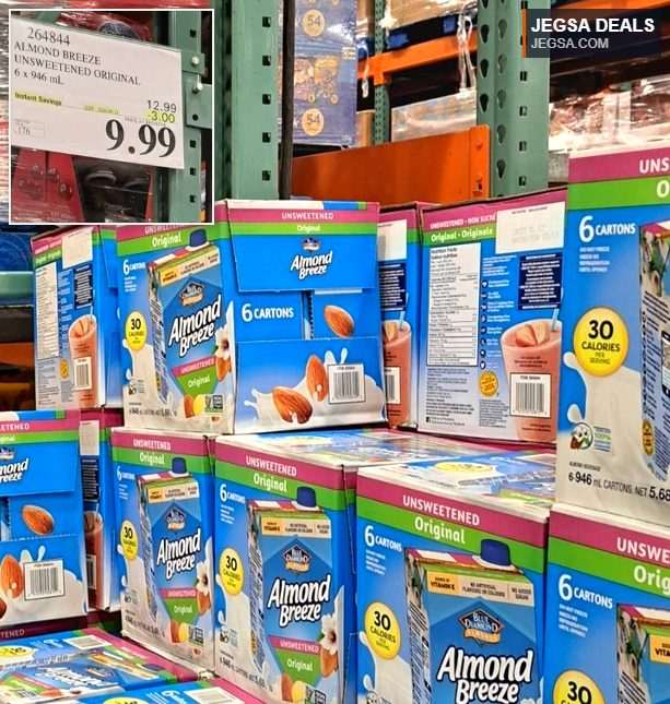 Costco Almond Breeze Unsweetened Original almond beverage 6-pack for $9.99, a healthy dairy alternative.