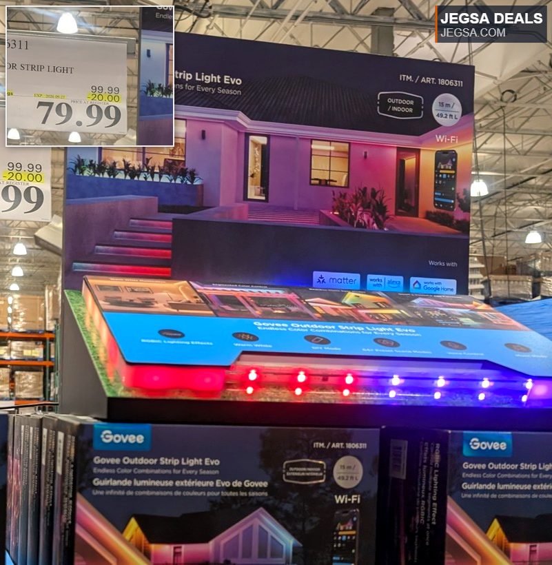 Govee Outdoor Strip Light Evo, 15m/49.2ft L, Wi-Fi enabled, for outdoor/indoor use, available at Costco for $79.99.
