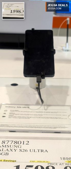 Samsung Galaxy S26 Ultra 256GB smartphone in black, displayed at Costco for $1598.99 with instant savings.