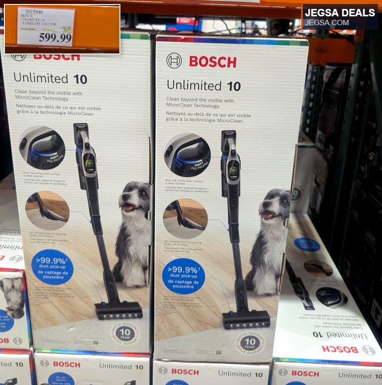 Bosch Unlimited 10 cordless vacuum from Costco, priced at $599.99, featuring MicroClean technology for superior dust pick-up.