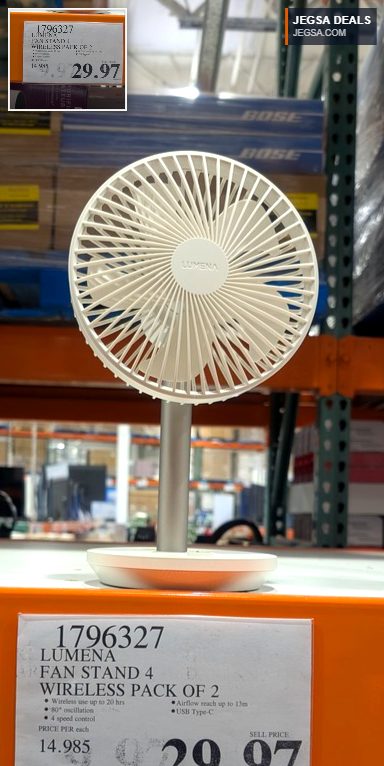 LUMENA Fan Stand 4 wireless fan in white, a pack of two, priced at $29.97 at Costco, offering portable cooling for home or office.