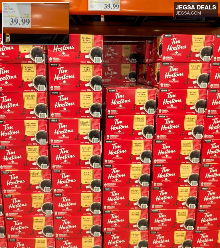Tim Hortons Original Blend Keurig K-Cups, 80-count pack, red box, from Costco, $39.99, for a classic coffee experience.