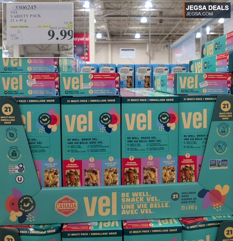 VEL Variety Pack wellness snack bars from Costco, a 21-pack with mixed flavors, priced at $9.99.