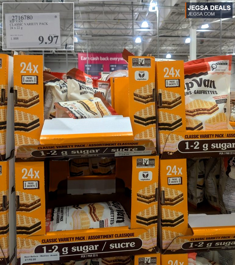 Rip Van Classic Variety Pack wafers, 24 count, 1-2g sugar per serving, from Costco, priced at $9.97.