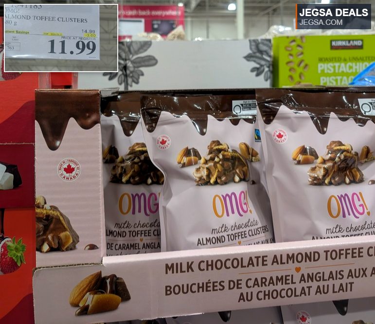 OMG! Milk chocolate almond toffee clusters from Costco, a sweet snack available at a discounted price.