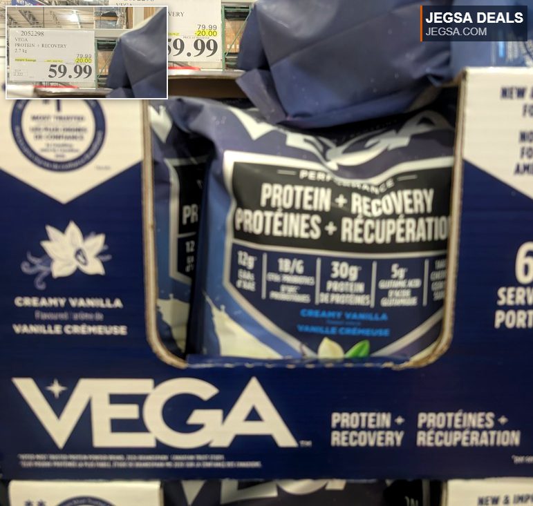VEGA Protein + Recovery powder, creamy vanilla flavor, 2.7 kg, from Costco for $59.99, aids muscle recovery.