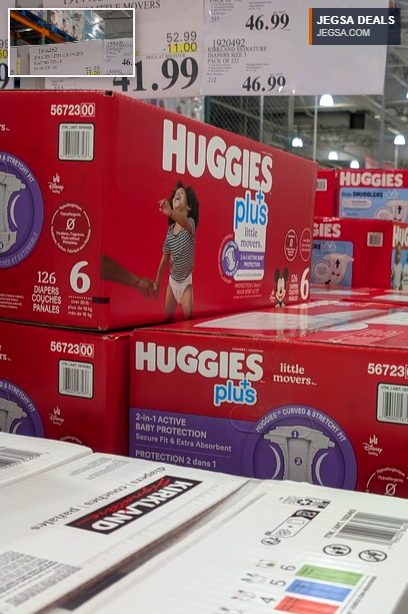 Huggies Little Movers Diapers Size 6, 126 count, from Costco for $41.99, offering secure fit and extra absorbency for active babies.