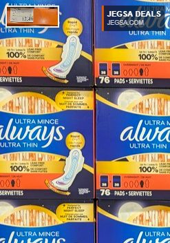 Always Ultra Thin Overnight Pads, 76 count, from Costco, offering leak-free protection for a peaceful night's sleep.