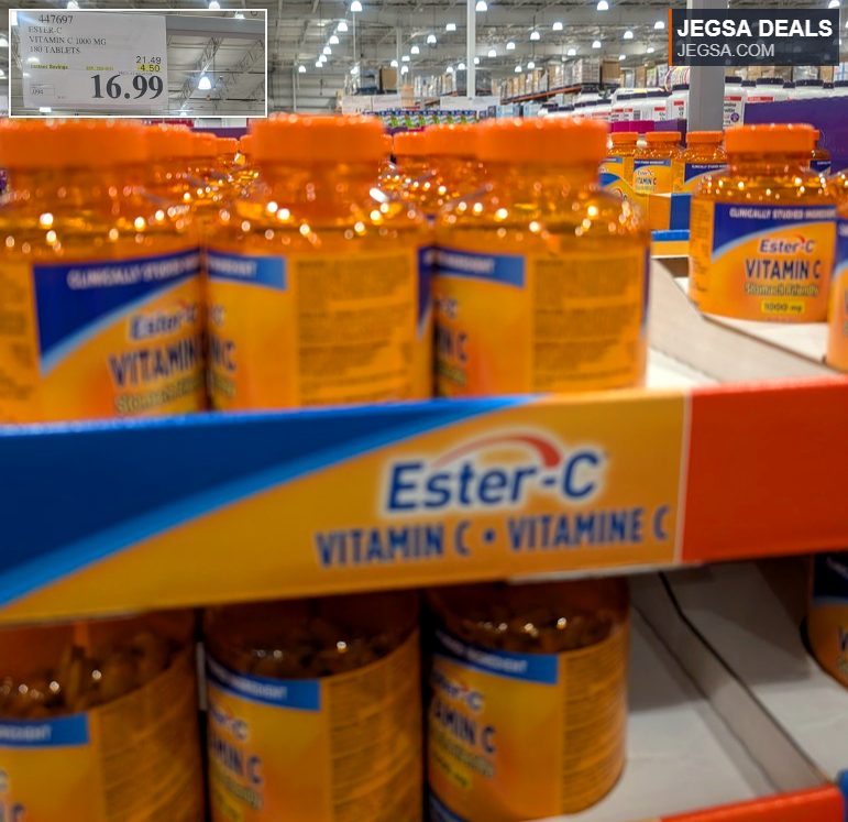 Ester-C Vitamin C 1000 mg 180 tablets from Costco, priced at $16.99 for immune support.