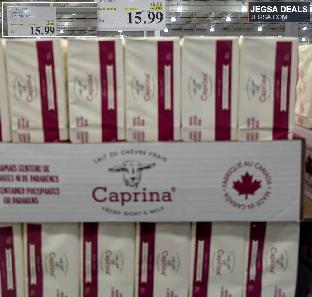 Caprina Goat Milk Soap 16 x 110g pack from Costco for $15.99, offering gentle cleansing for all skin types.