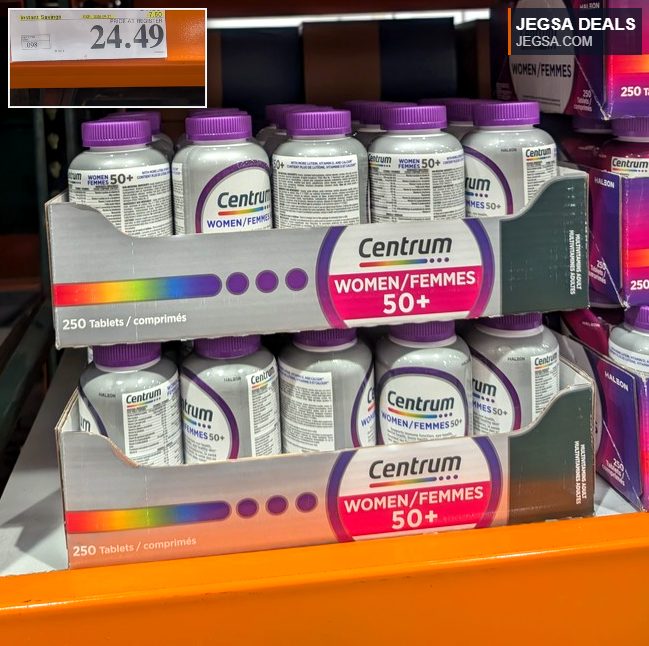 Centrum Women 50+ Formula 250 tablets multivitamin on sale at Costco for $24.49, providing daily nutritional support.
