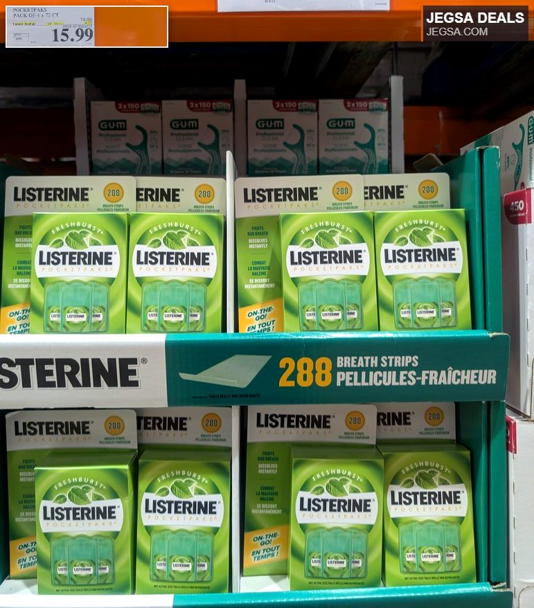 Listerine Freshburst Pocketpaks, a pack of 4 x 72 ct breath strips, for sale at Costco for $15.99.