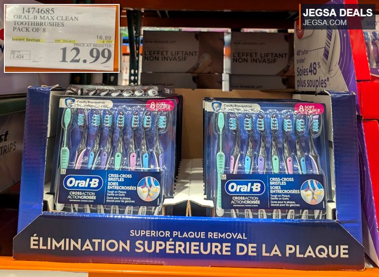 Oral-B Max Clean Criss-Cross toothbrushes, pack of 8, in blue and purple, for superior plaque removal from Costco, $12.99.