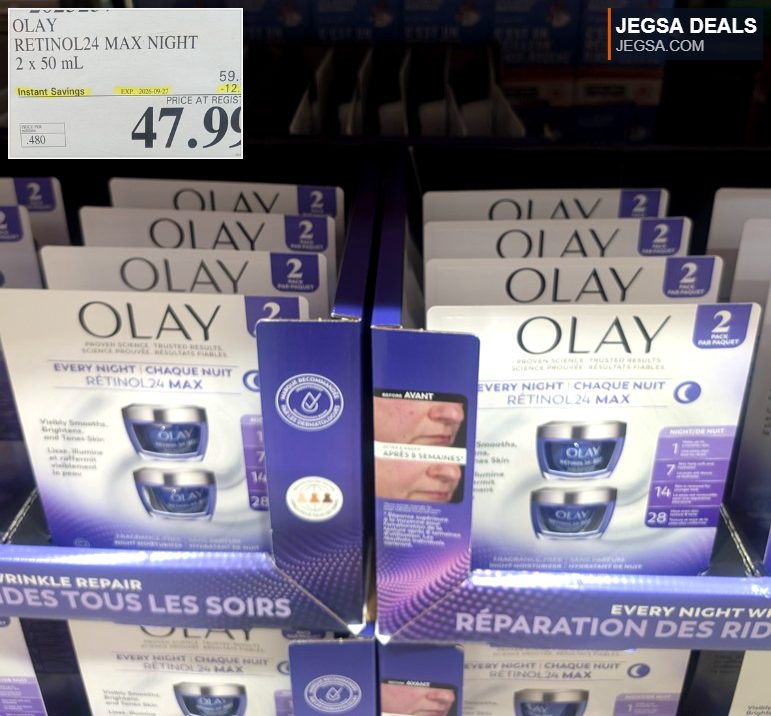 Olay Retinol24 Max Night cream 2-pack (2 x 50mL) for wrinkle repair, available at Costco for $47.99.