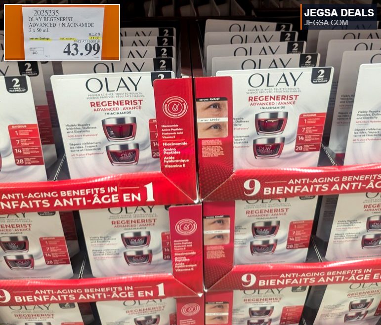 Olay Regenerist Advanced + Niacinamide 2x50mL set from Costco for $43.99, targeting wrinkles and improving skin elasticity.