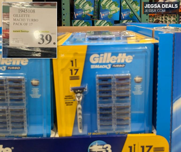 Gillette Mach3 Turbo razor and 17 blade refills in blue and yellow packaging from Costco, priced at $39.99.