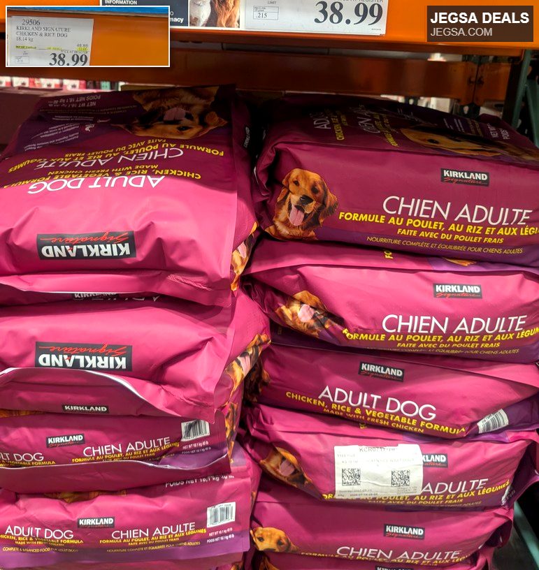 Kirkland Signature Chicken & Rice Adult Dog Food, 18.14 kg bag from Costco, priced at $38.99, perfect for adult dogs.