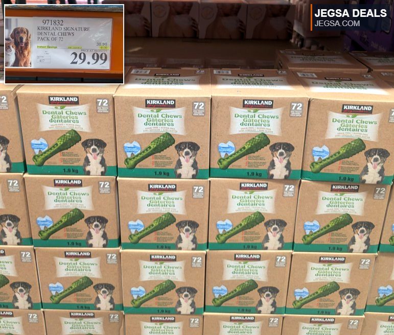 Kirkland Signature 72-pack dental chews for dogs from Costco, priced at $29.99, ideal for canine dental health.