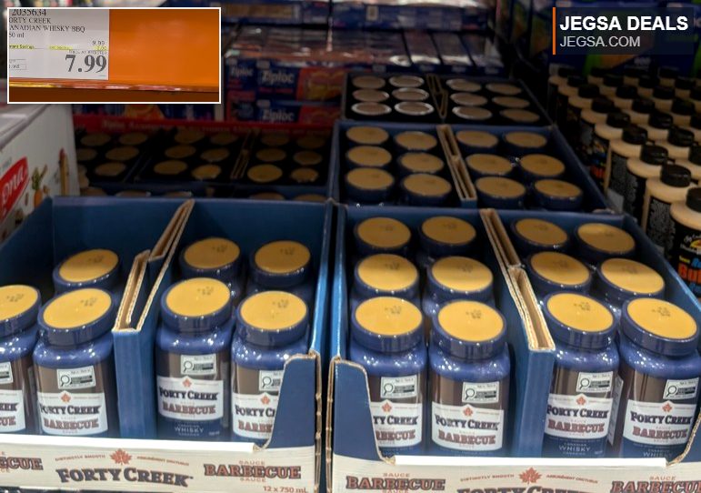 Forty Creek Canadian Whisky BBQ sauce 750ml bottles from Costco, priced at $7.99 with instant savings.