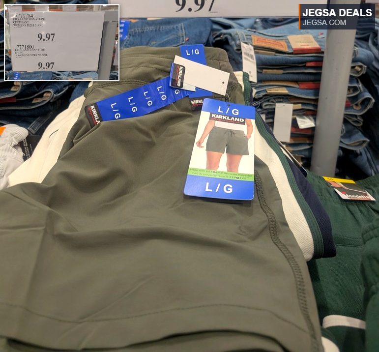 Kirkland Signature green athletic shorts for women, made with recycled polyester, available at Costco for $9.97.