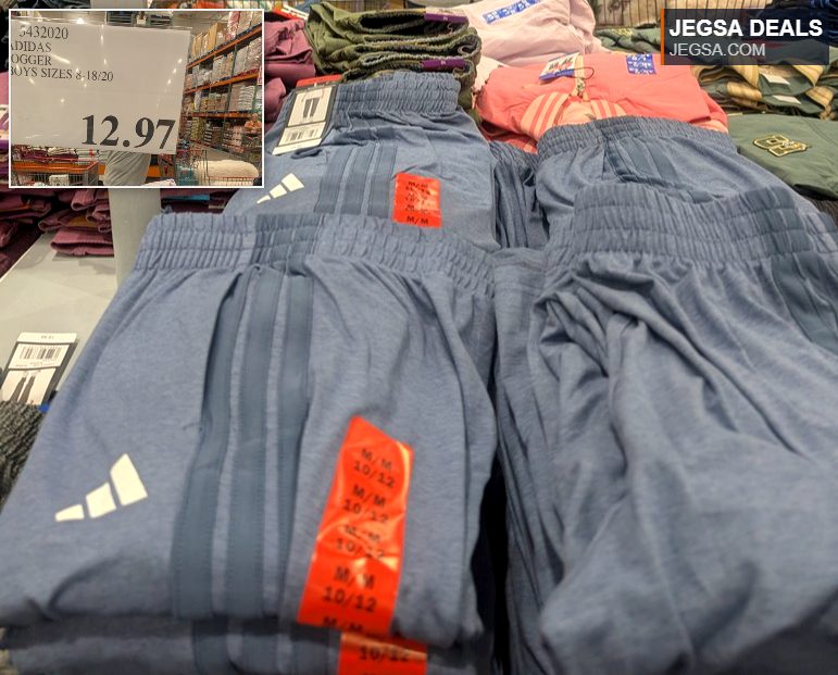 Blue Adidas jogger pants for boys, available in sizes 8-18/20, priced at $12.97 at Costco.