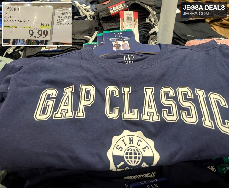 GAP Boys' 2-Pack Classic Top in navy blue with 'GAP CLASSIC' print, available at Costco for $9.99.