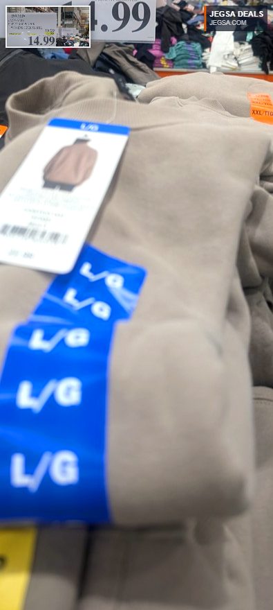 Tan women's Lazypants fleece crewneck, available in sizes XS-XXL, on sale for $14.99 at Costco.
