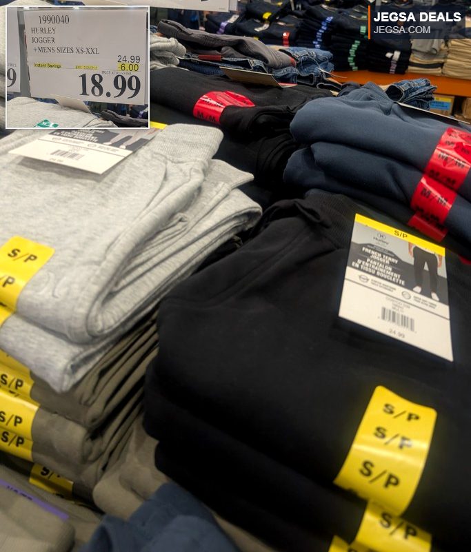 Hurley men's joggers in grey, black, and blue from Costco, on sale for $18.99.