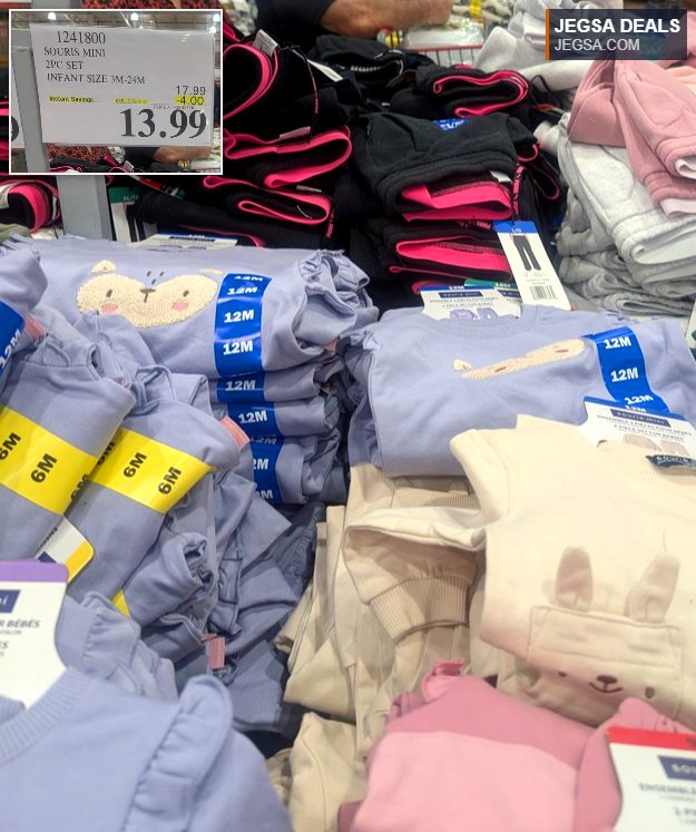 Souris Mini 2-piece infant clothing set in soft colors with animal designs, available at Costco for $13.99.