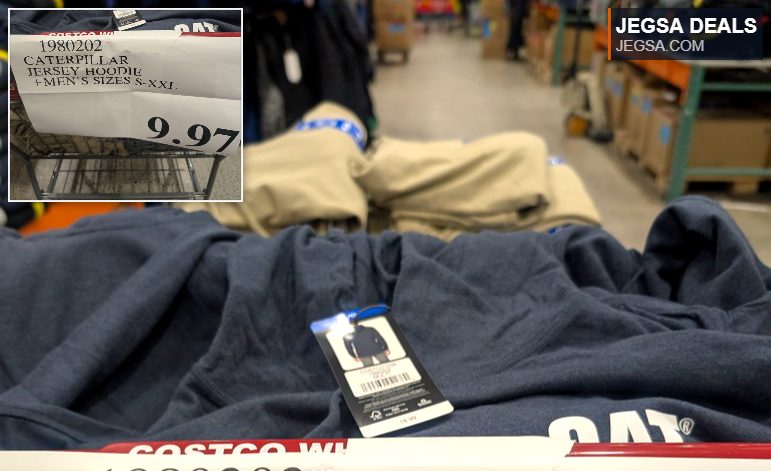 Men's navy blue Caterpillar jersey hoodie in sizes S-XXL from Costco for $9.97.