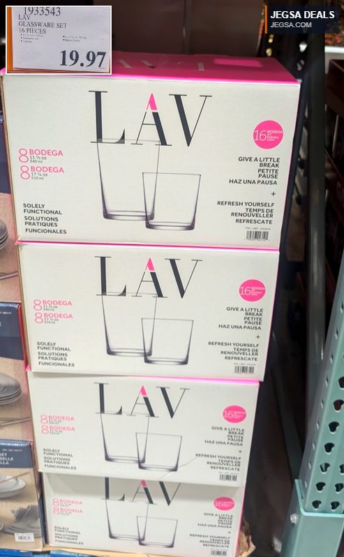 LAV 16-piece glassware set including varied sizes of durable, lead-free glasses for everyday use, priced at $19.97 at Costco.