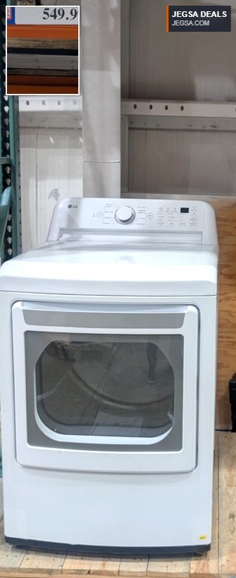 White LG 7.3 cu. ft. electric dryer from Costco, priced at $549.99 with $100 savings.