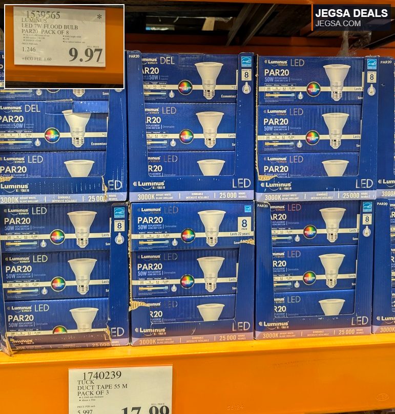 Luminus LED 7W PAR20 flood bulbs, 8-pack, 3000K bright white, energy-efficient for indoor/outdoor from Costco for $9.97.
