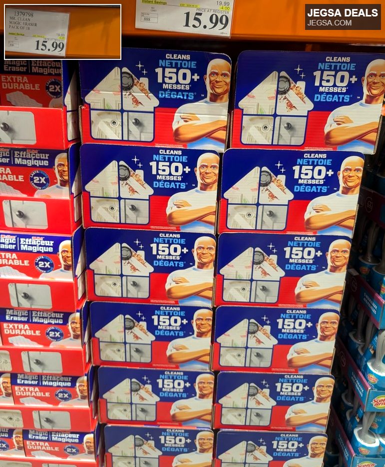 Mr. Clean Magic Eraser multi-surface cleaning pads, pack of 18, on sale at Costco for powerful mess removal.