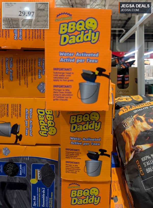 Scrub Daddy BBQ Brush 3-piece set from Costco, water-activated for effective grill cleaning, priced at $29.97.