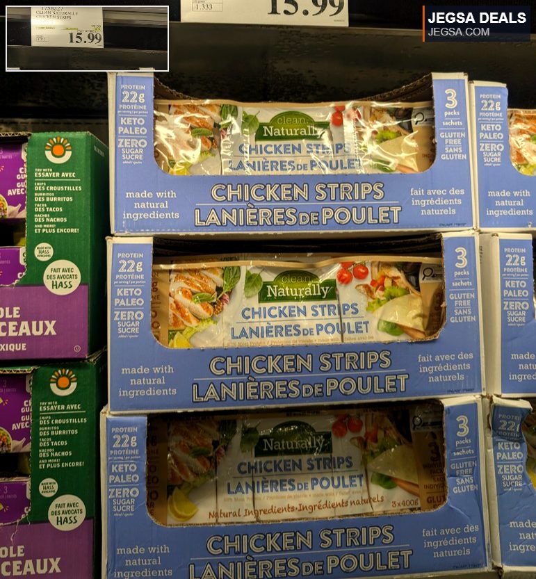 Clean Naturally Chicken Strips 3-pack from Costco, made with natural ingredients, high in protein, and gluten-free, priced at $15.99.