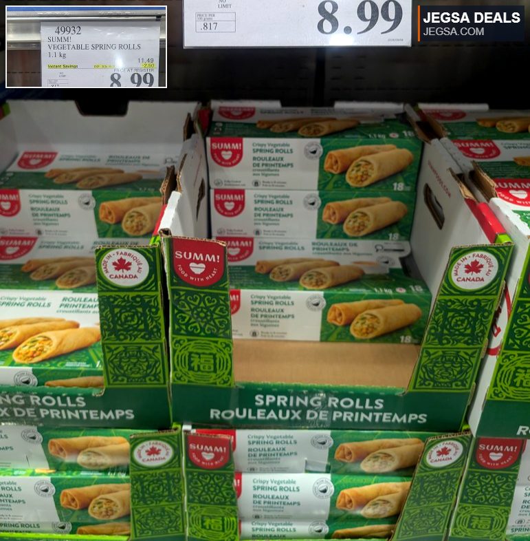 Summ! 1.1kg frozen crispy vegetable spring rolls from Costco, priced at $8.99, perfect for appetizers.