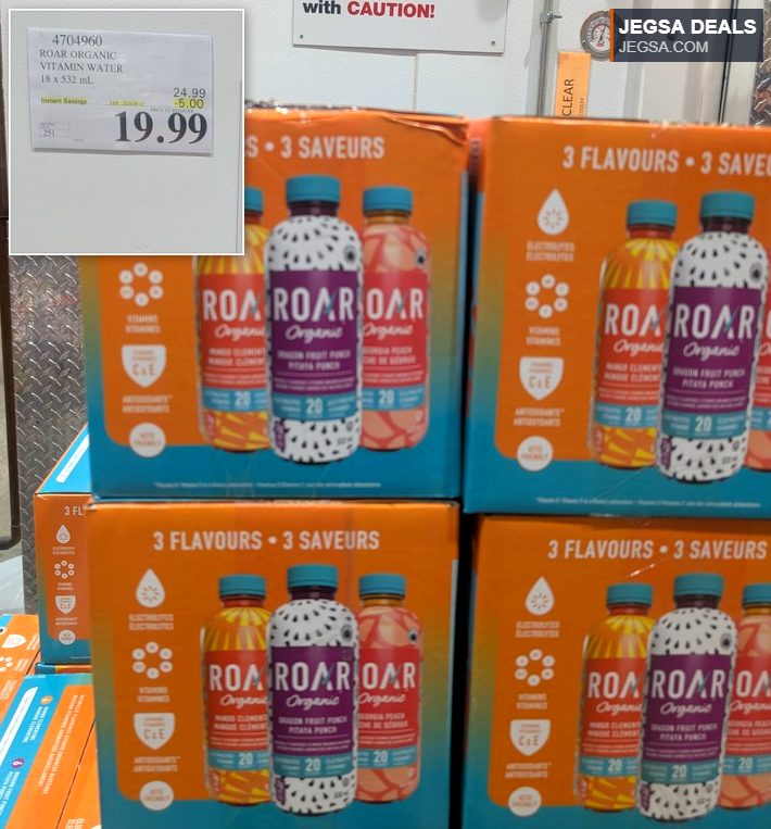 Roar Organic Vitamin Water, 18-pack with Mango Clementine, Dragon Fruit Punch, and Georgia Peach flavors, available at Costco for $19.99.