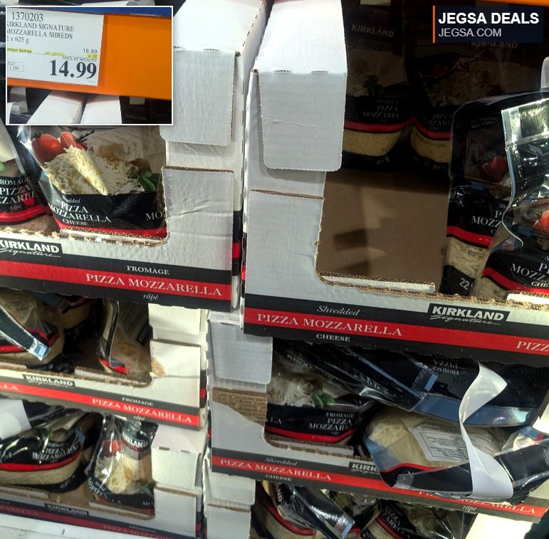 Kirkland Signature Mozzarella Shreds 2x625g from Costco, priced at $14.99, ideal for cooking and culinary use.