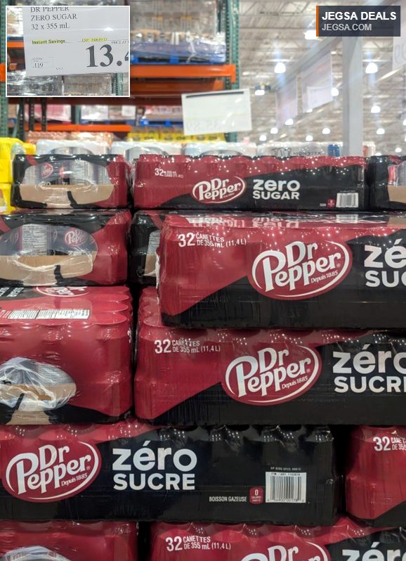 32-pack of Dr Pepper Zero Sugar 355mL cans from Costco, currently on sale for $13.49.