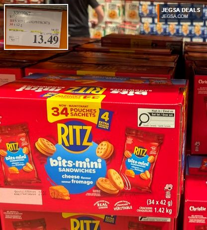 Ritz Bits Mini Sandwiches with cheese flavor, sold in 34 x 42g pouches from Costco, on sale for $13.49.