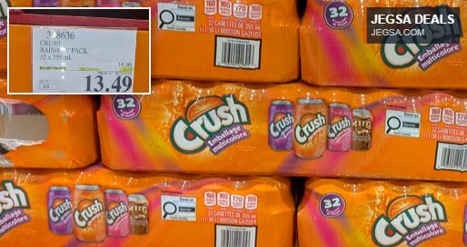 Crush Rainbow Pack 32 x 355 mL soda beverages from Costco for $13.49, featuring multiple fruit flavors.