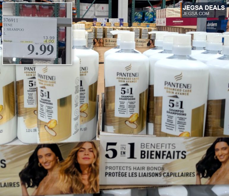 Pantene Advanced Care 5-in-1 shampoo, 1.13L, from Costco for $9.99, protects hair bonds.