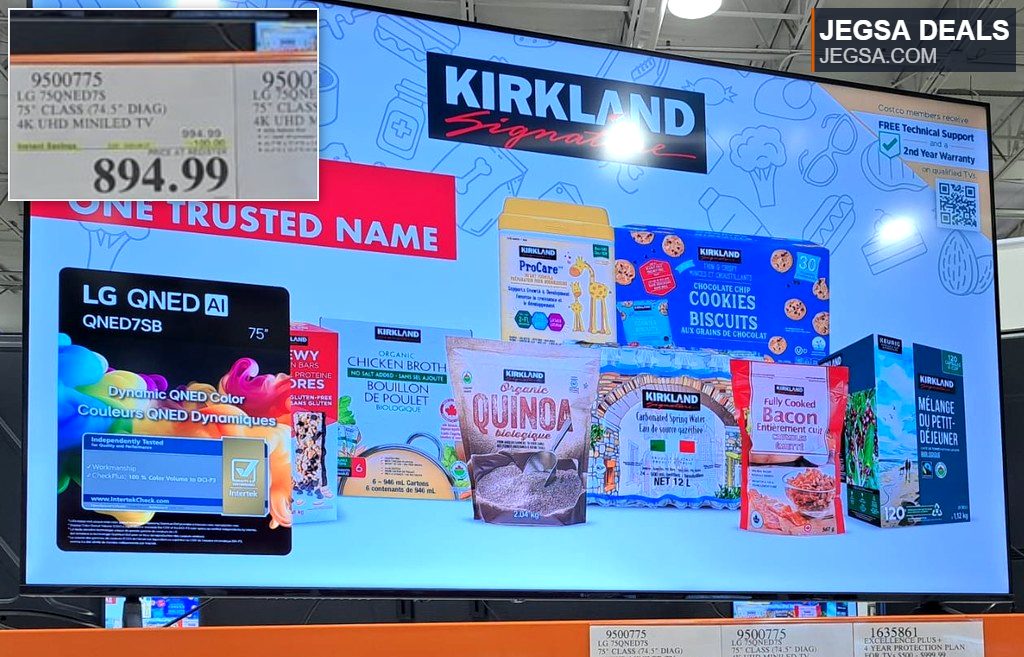 LG QNED AI QNED7SB 75 inch 4K UHD MiniLED TV, offering dynamic QNED color, displayed at Costco for $894.99.