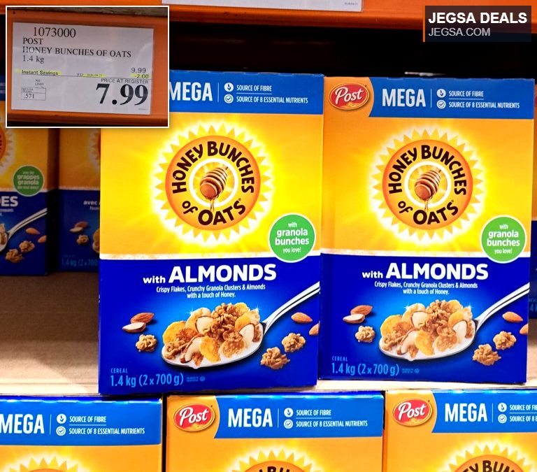 Post Honey Bunches of Oats with Almonds cereal, 1.4kg twin pack from Costco, on sale for $7.99.
